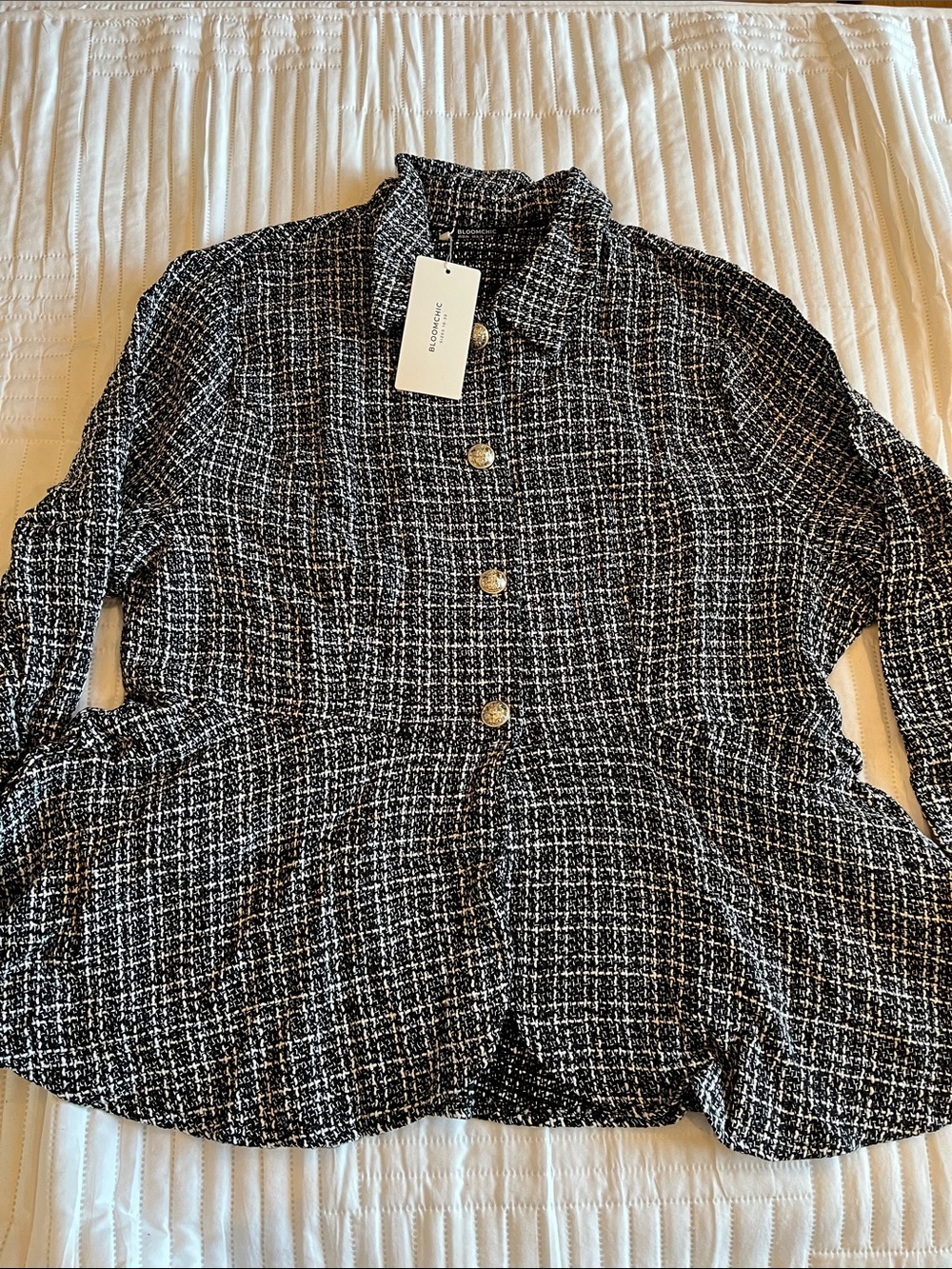 BloomChic Black & White Tweed Button Peplum Jacket with Buttons Size 22-24 NWT